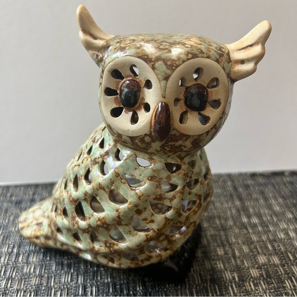 Ceramic Owl Tea Light Candle Holder Green Beige Brown Home Decor Votive